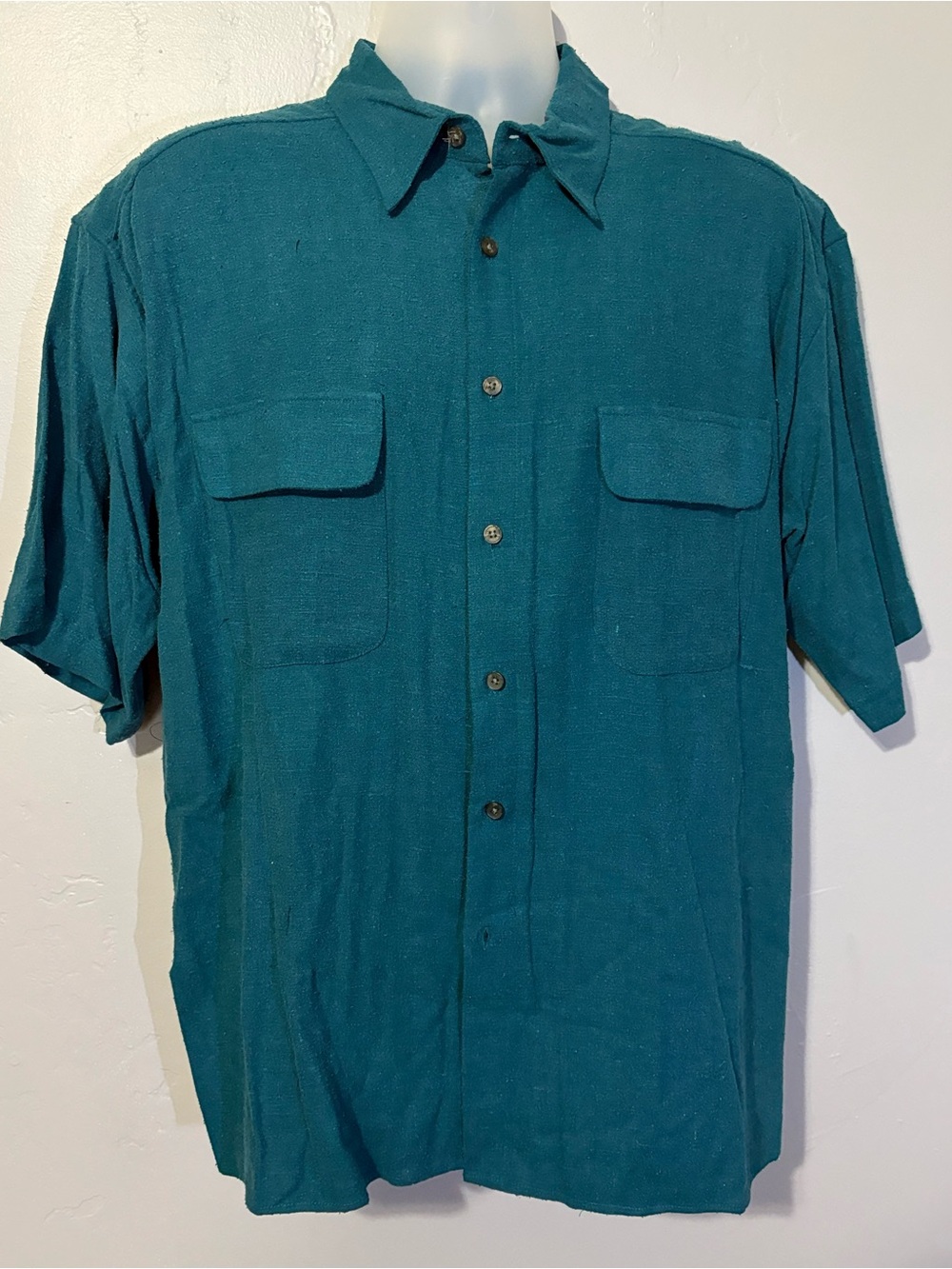 Vintage Silk Uomo Shirt Men’s Large Blue 100% Silk Button Up Short Sleeve NOS